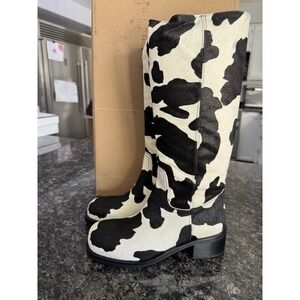 Steve Madden Riggs Black Cow Print Size 8 Lady's Boots, Western Cowboy Cowgirl